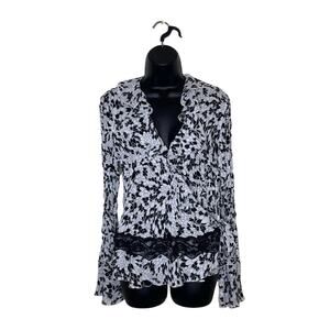 Vtg SUNNY LEIGH‎ Black White Ruffle Lace Wrap Blouse Y2K Fairy Whimsy Vamp Sz XL